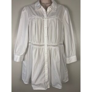 Cato White Eyelet Lace Tunic Button Front Gathered Waist 3/4 Sleeve SZ L